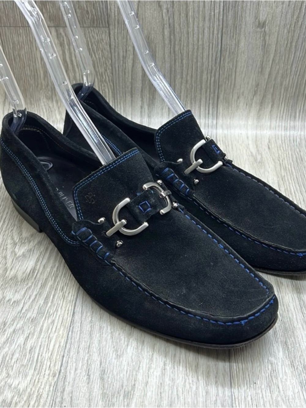 EUC Donald J. Pliner Dacio Black Suede Loafers with Blue Stitching - Beautiful!